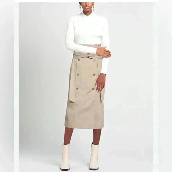 Rokh Midi Skirt 38 4 S Brown Beige Tan Twist Front Button Embellished Cotton - Picture 6 of 16